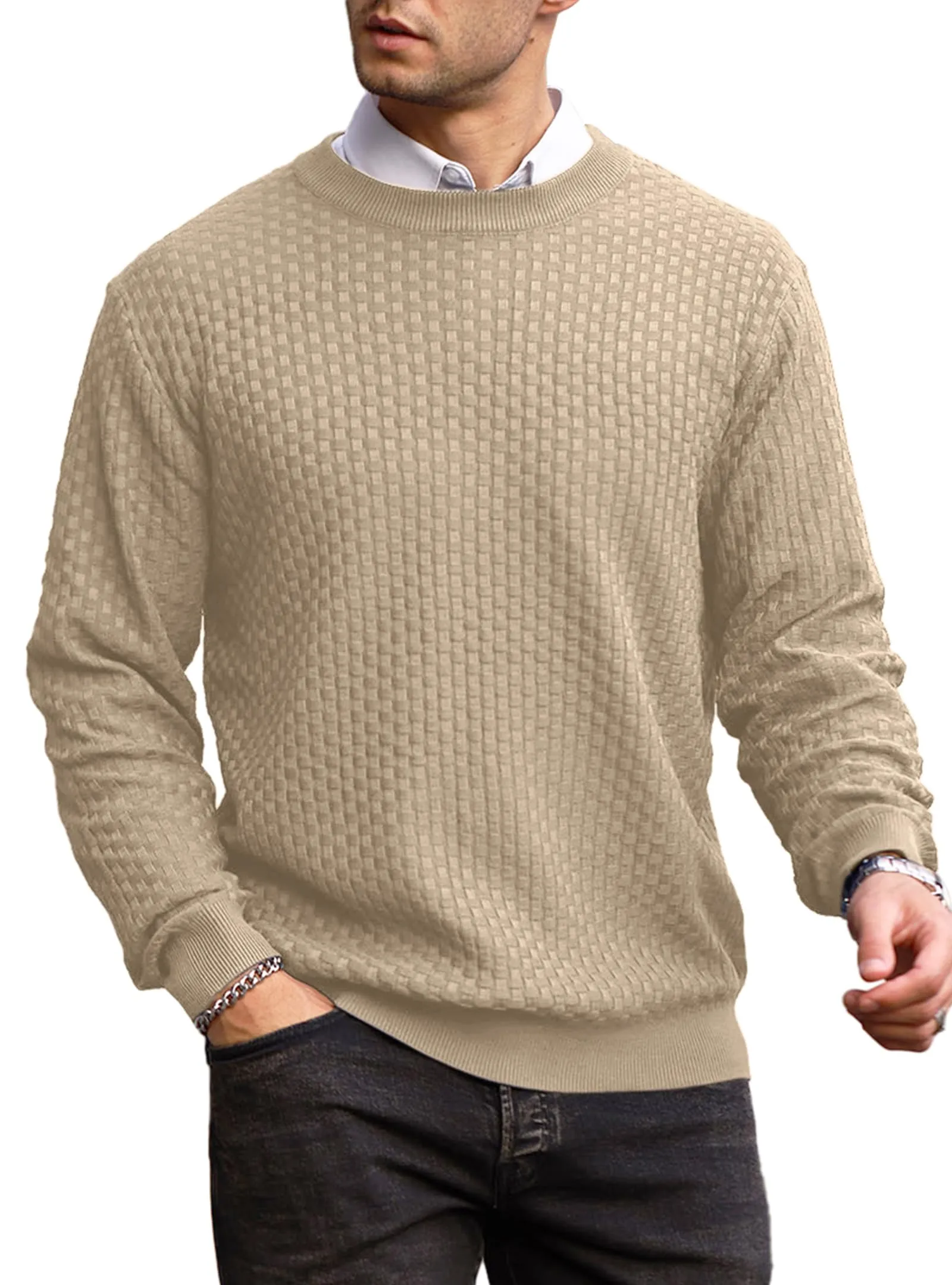 Zaitun Mens Crewneck Sweater Pullover Waffle Knit Casual Patterned Long Sleeve Sweaters