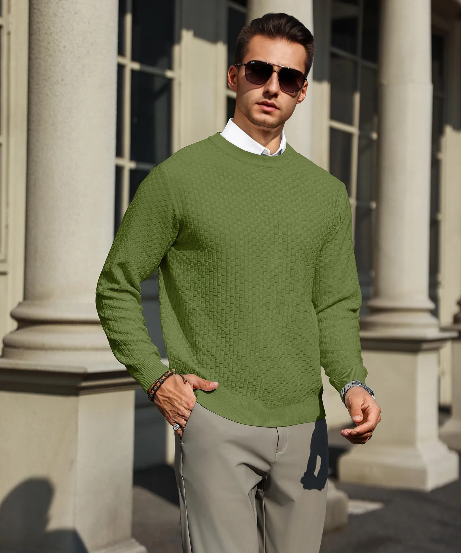 Zaitun Mens Crewneck Sweater Pullover Waffle Knit Casual Patterned Long Sleeve Sweaters