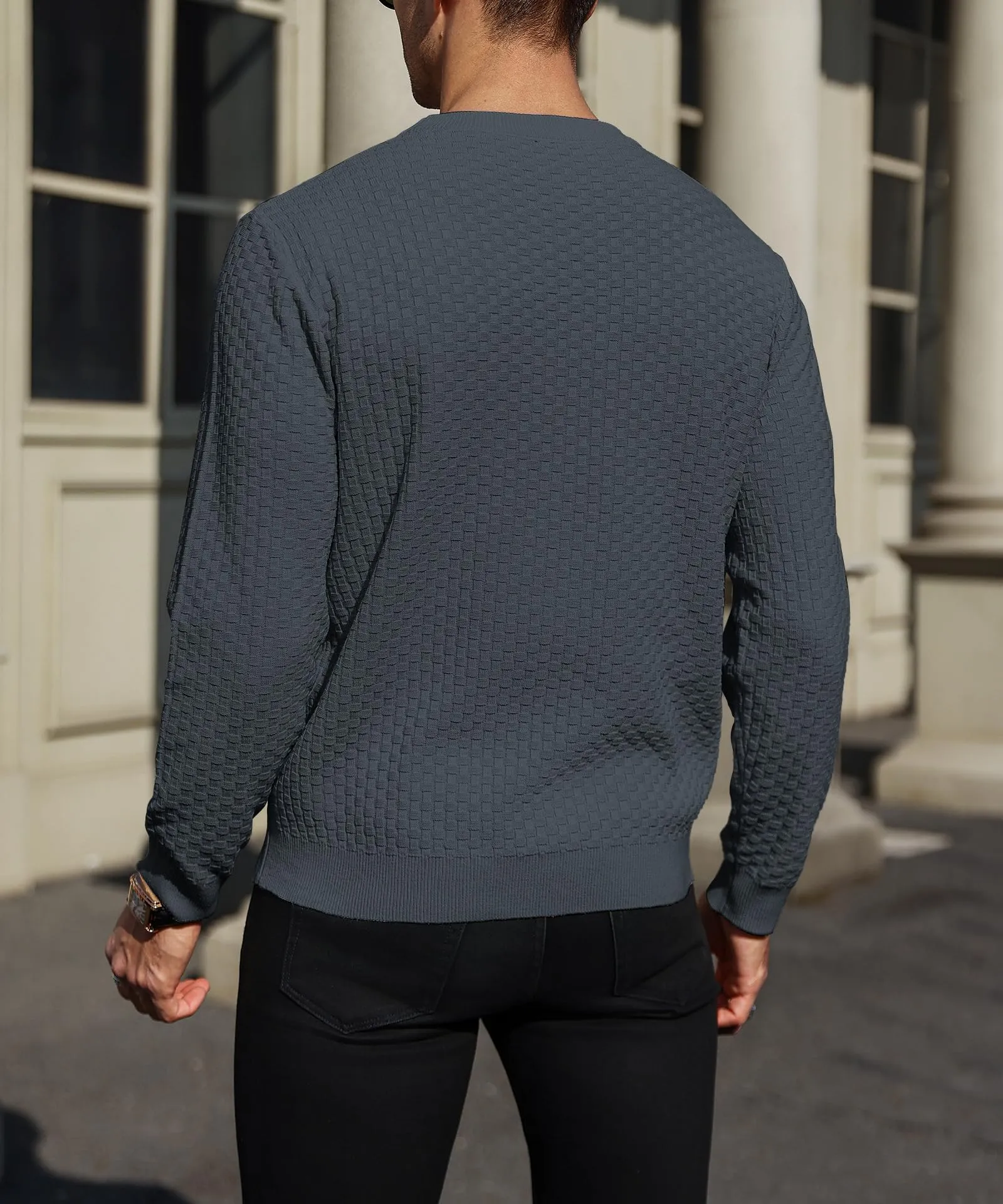 Zaitun Mens Crewneck Sweater Pullover Waffle Knit Casual Patterned Long Sleeve Sweaters