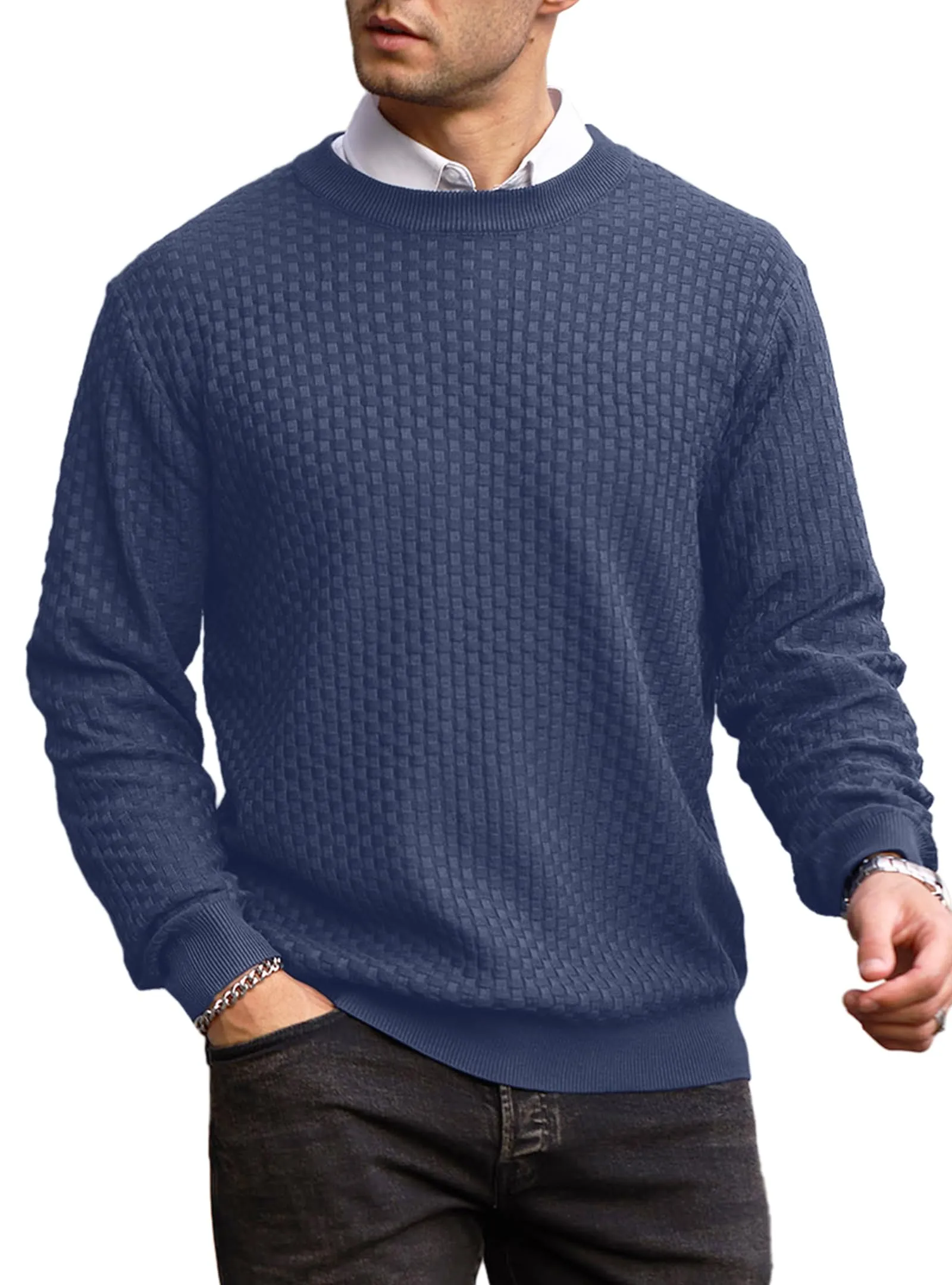 Zaitun Mens Crewneck Sweater Pullover Waffle Knit Casual Patterned Long Sleeve Sweaters