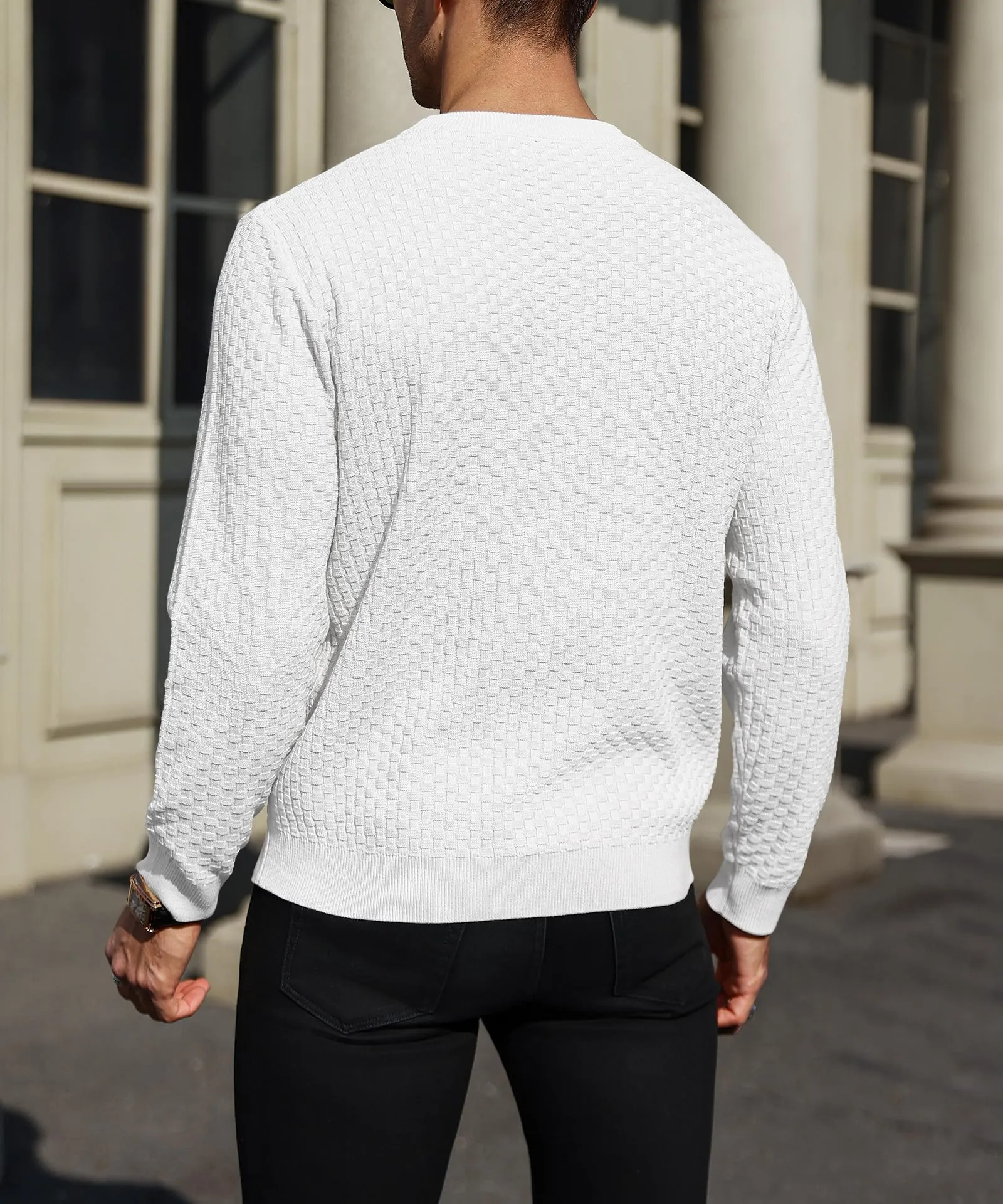 Zaitun Mens Crewneck Sweater Pullover Waffle Knit Casual Patterned Long Sleeve Sweaters
