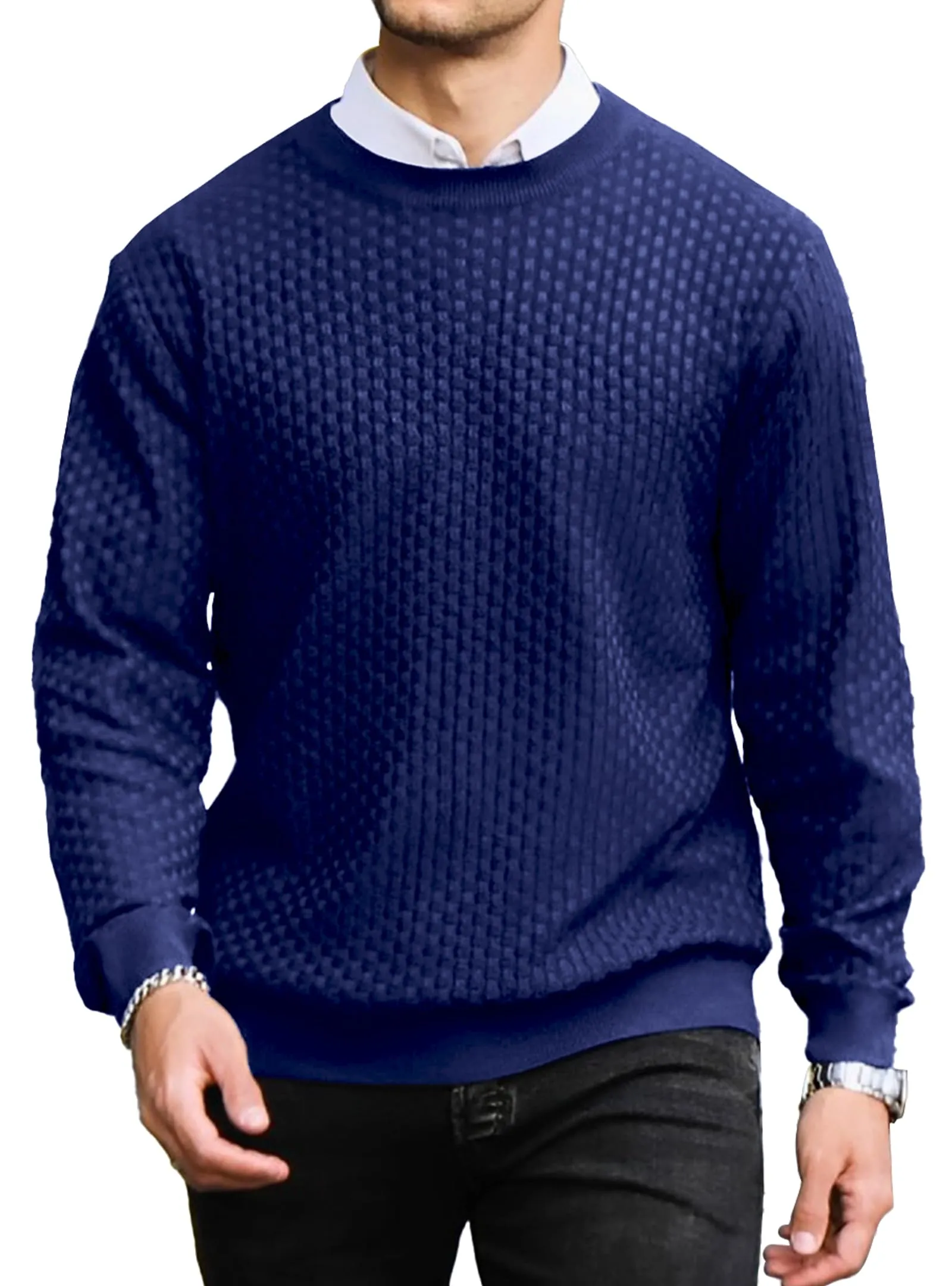 Zaitun Mens Crewneck Sweater Pullover Waffle Knit Casual Patterned Long Sleeve Sweaters
