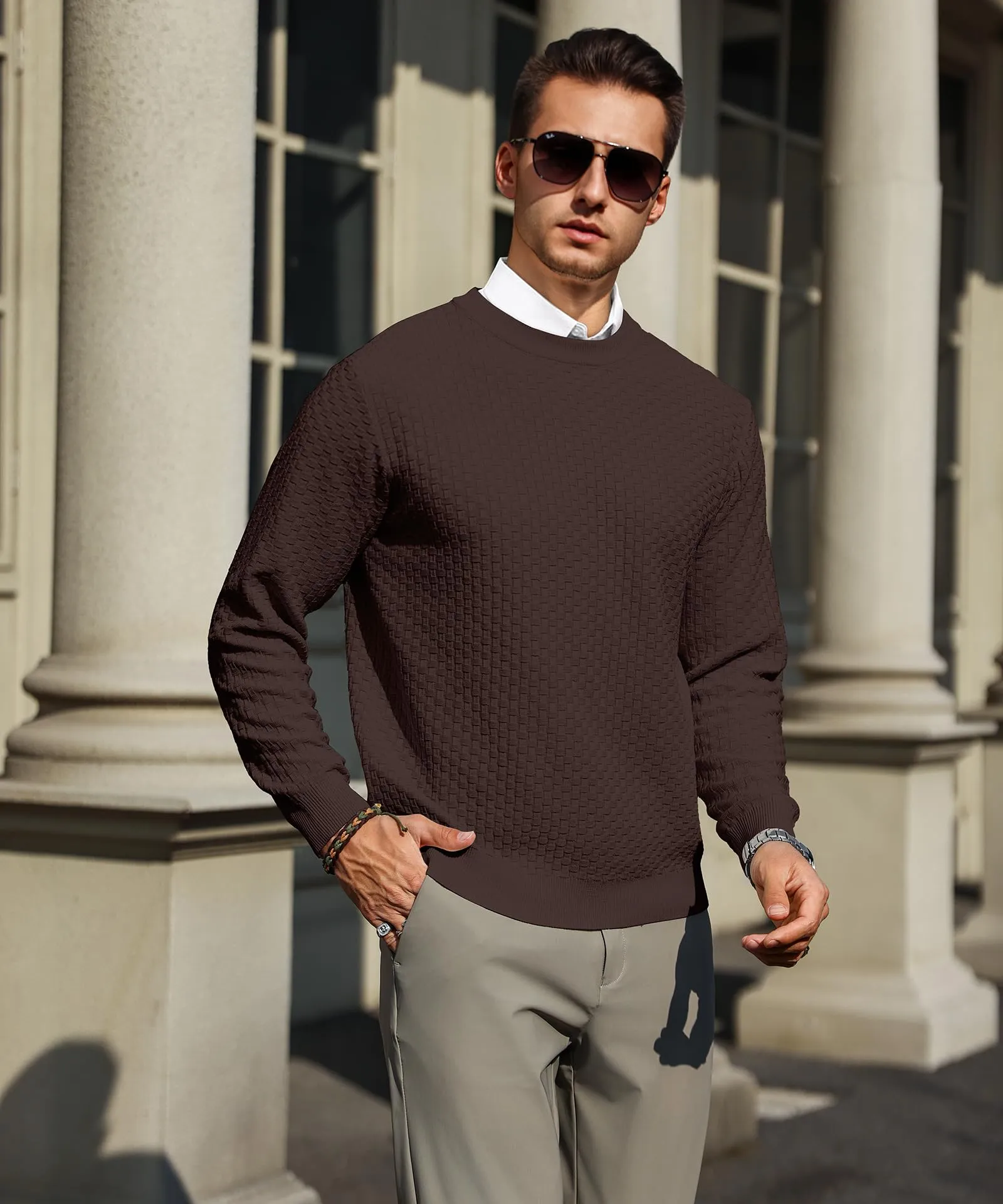 Zaitun Mens Crewneck Sweater Pullover Waffle Knit Casual Patterned Long Sleeve Sweaters