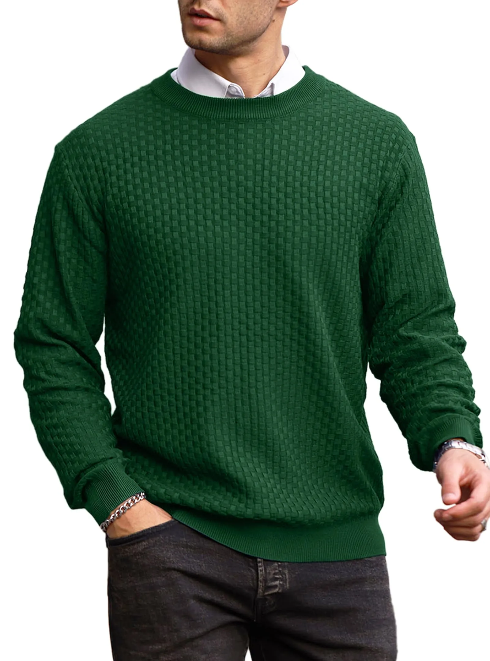 Zaitun Mens Crewneck Sweater Pullover Waffle Knit Casual Patterned Long Sleeve Sweaters