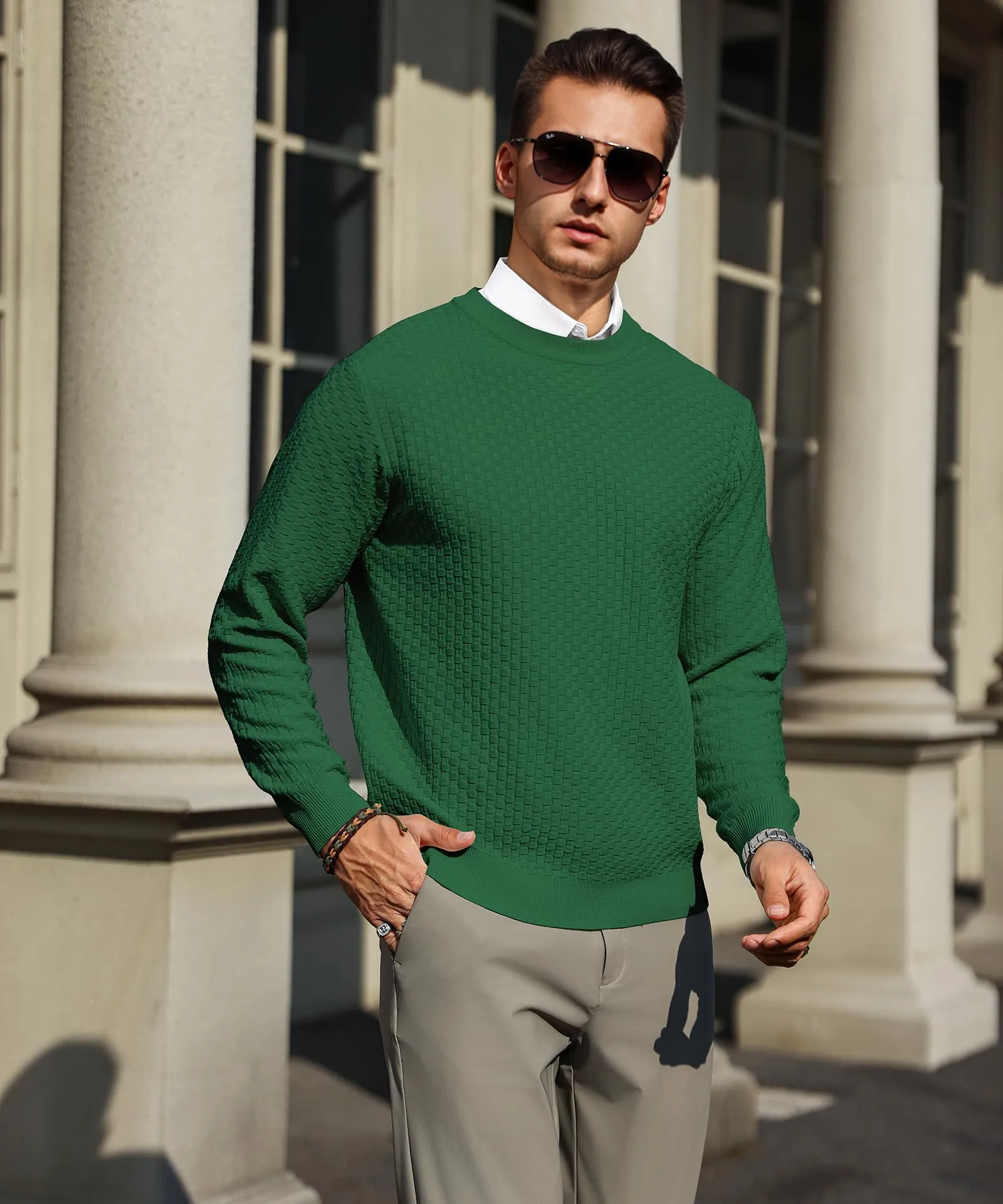 Zaitun Mens Crewneck Sweater Pullover Waffle Knit Casual Patterned Long Sleeve Sweaters