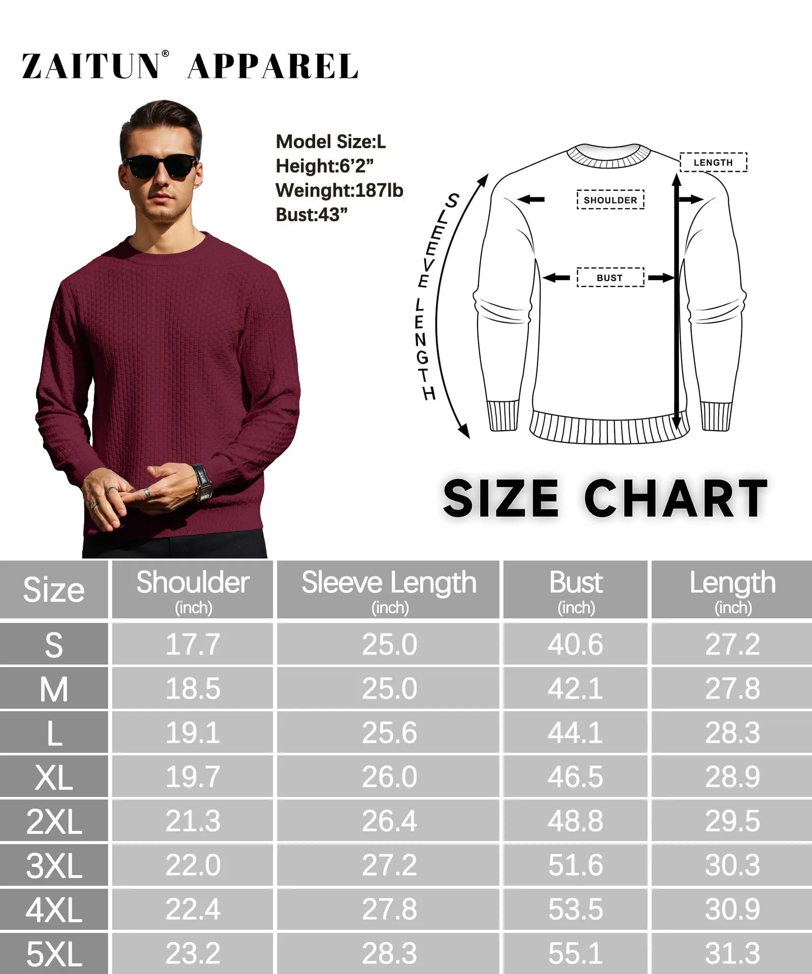 Zaitun Mens Crewneck Sweater Pullover Waffle Knit Casual Patterned Long Sleeve Sweaters