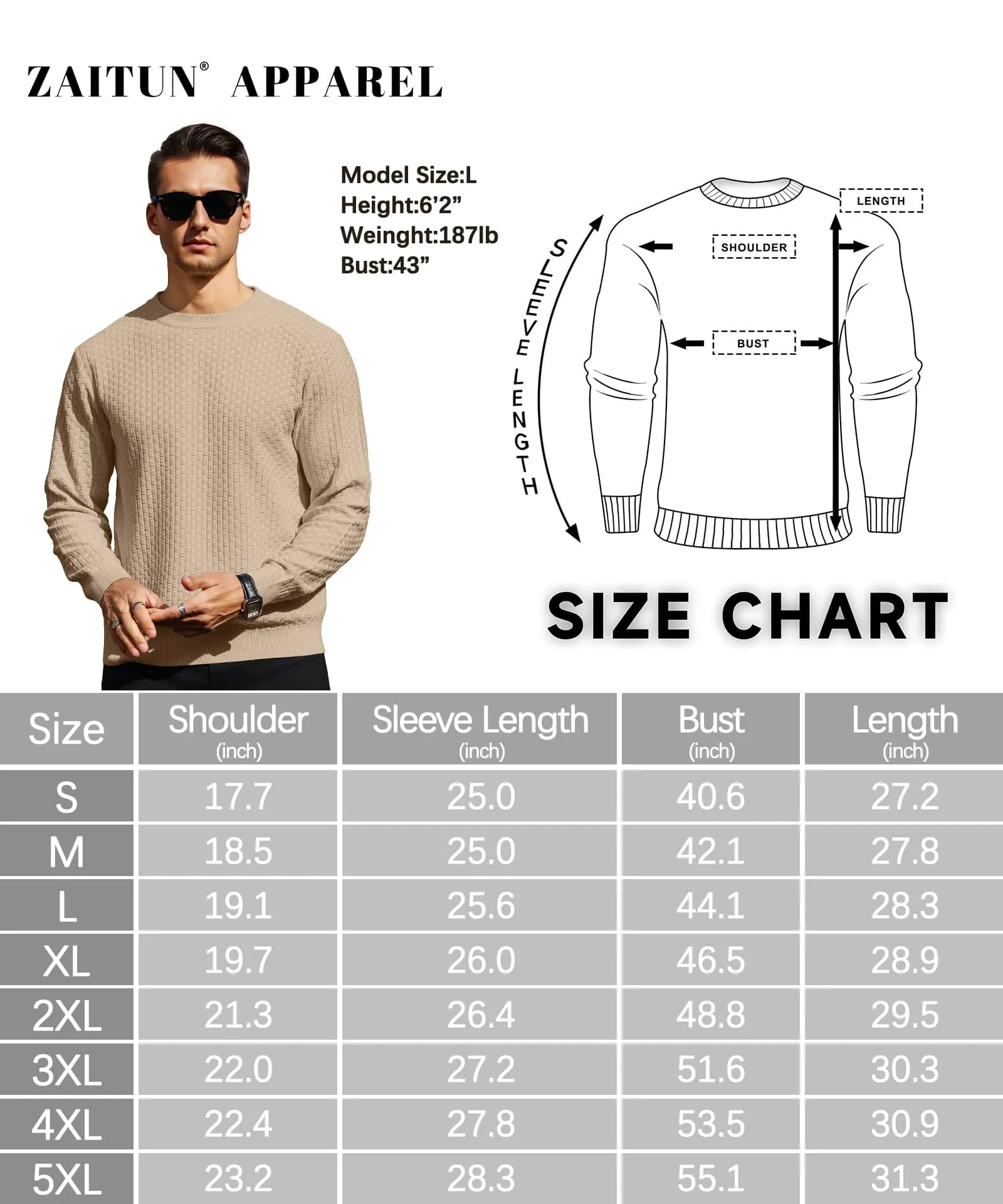 Zaitun Mens Crewneck Sweater Pullover Waffle Knit Casual Patterned Long Sleeve Sweaters