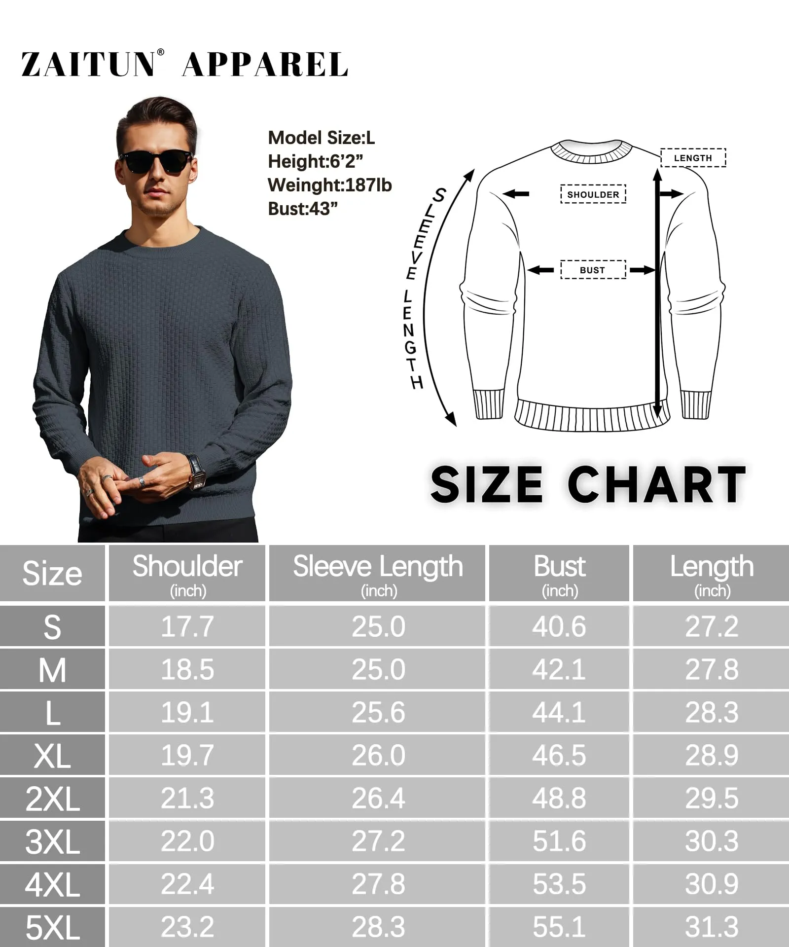 Zaitun Mens Crewneck Sweater Pullover Waffle Knit Casual Patterned Long Sleeve Sweaters
