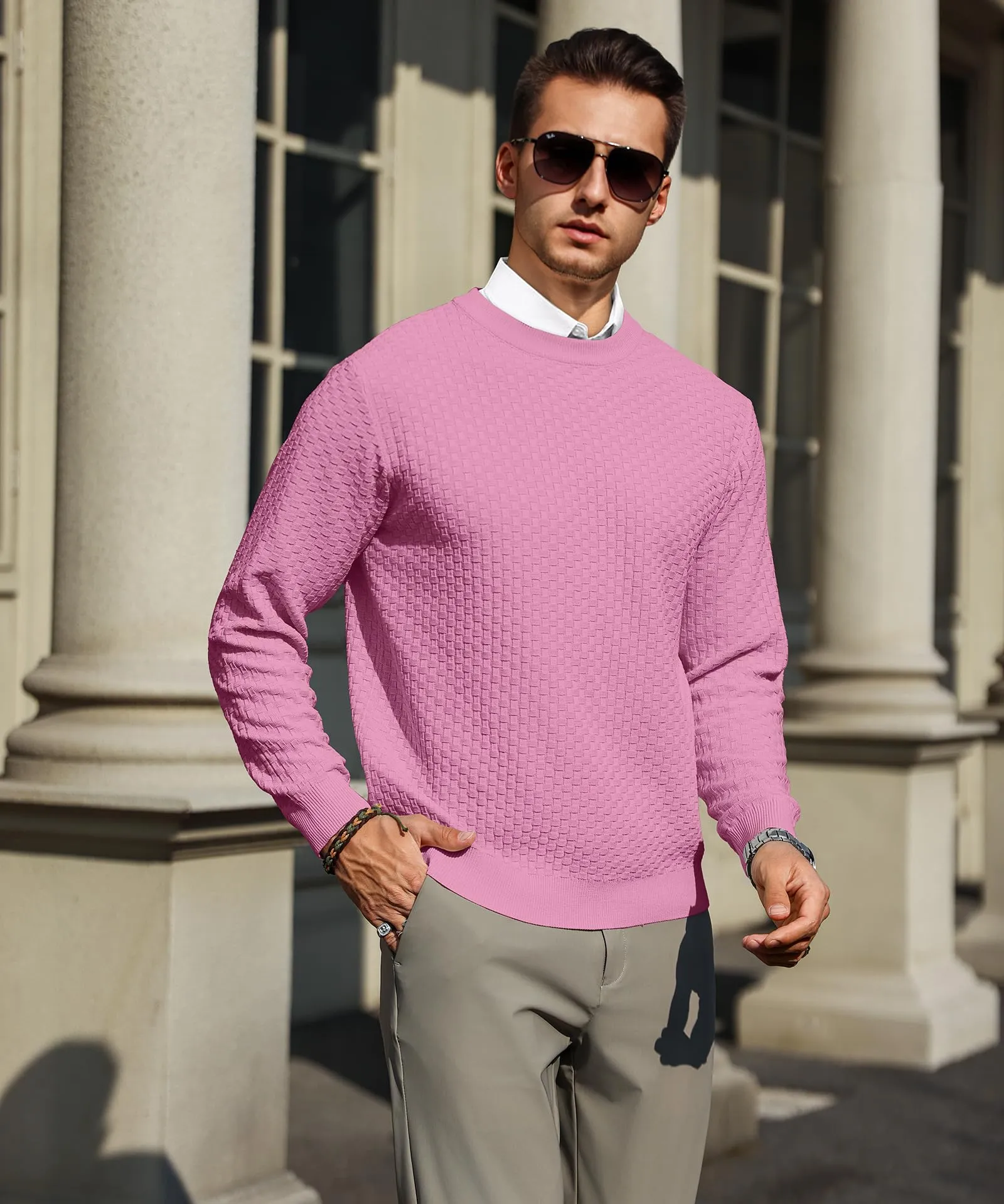 Zaitun Mens Crewneck Sweater Pullover Waffle Knit Casual Patterned Long Sleeve Sweaters