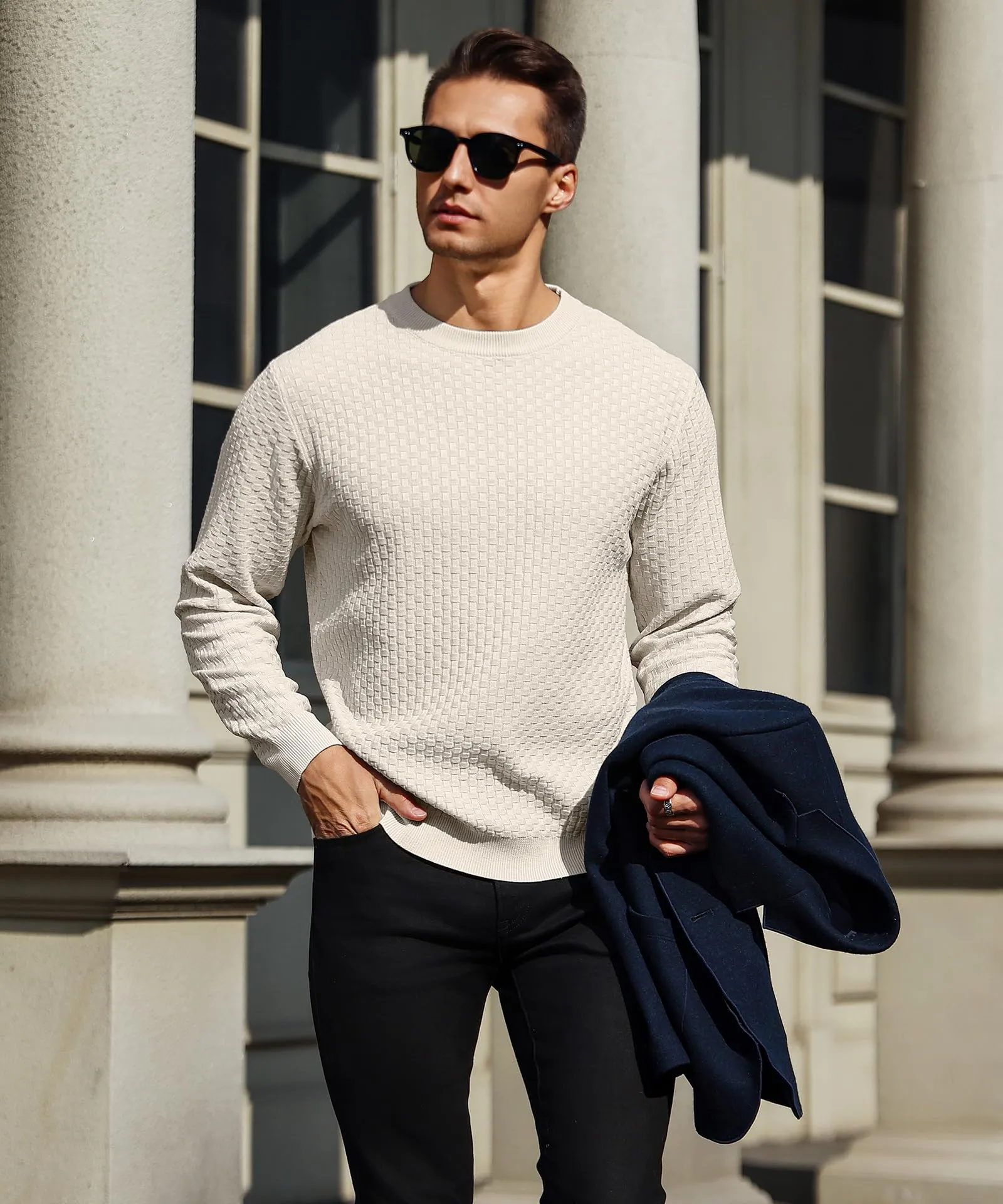 Zaitun Mens Crewneck Sweater Pullover Waffle Knit Casual Patterned Long Sleeve Sweaters
