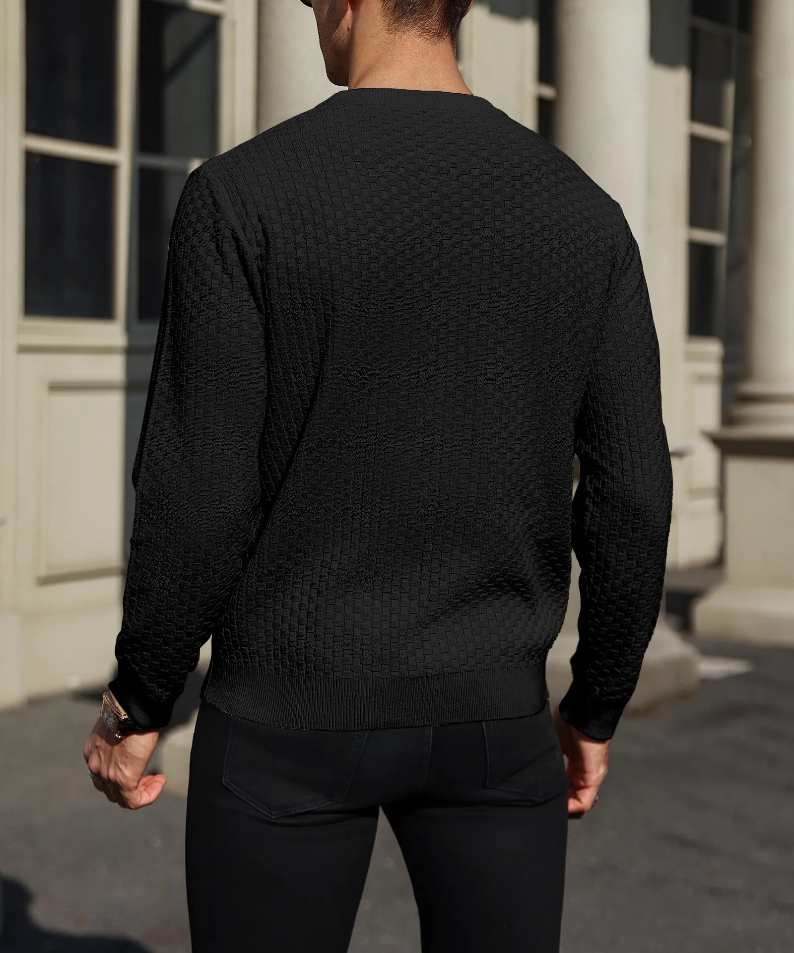 Zaitun Mens Crewneck Sweater Pullover Waffle Knit Casual Patterned Long Sleeve Sweaters