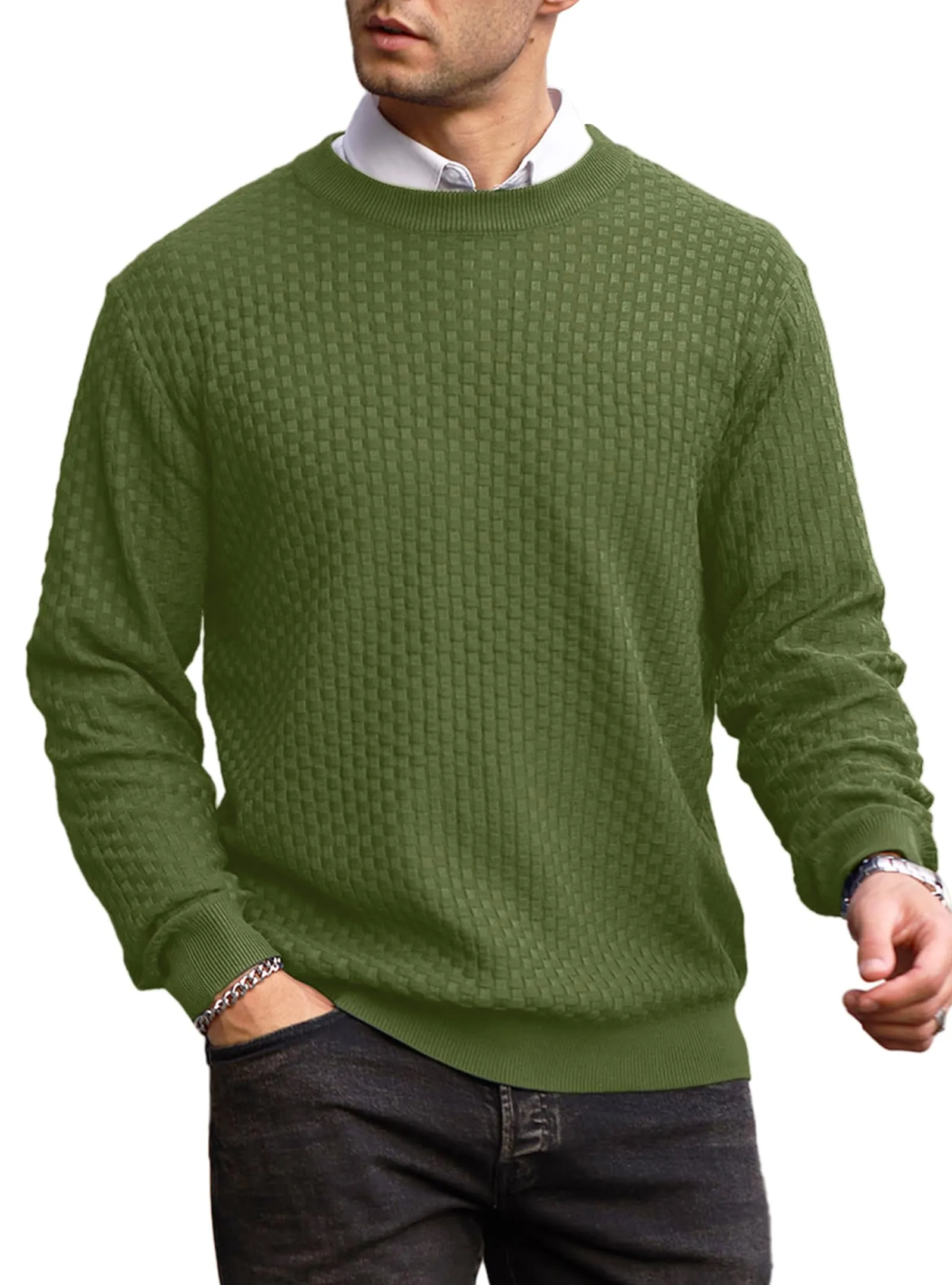 Zaitun Mens Crewneck Sweater Pullover Waffle Knit Casual Patterned Long Sleeve Sweaters