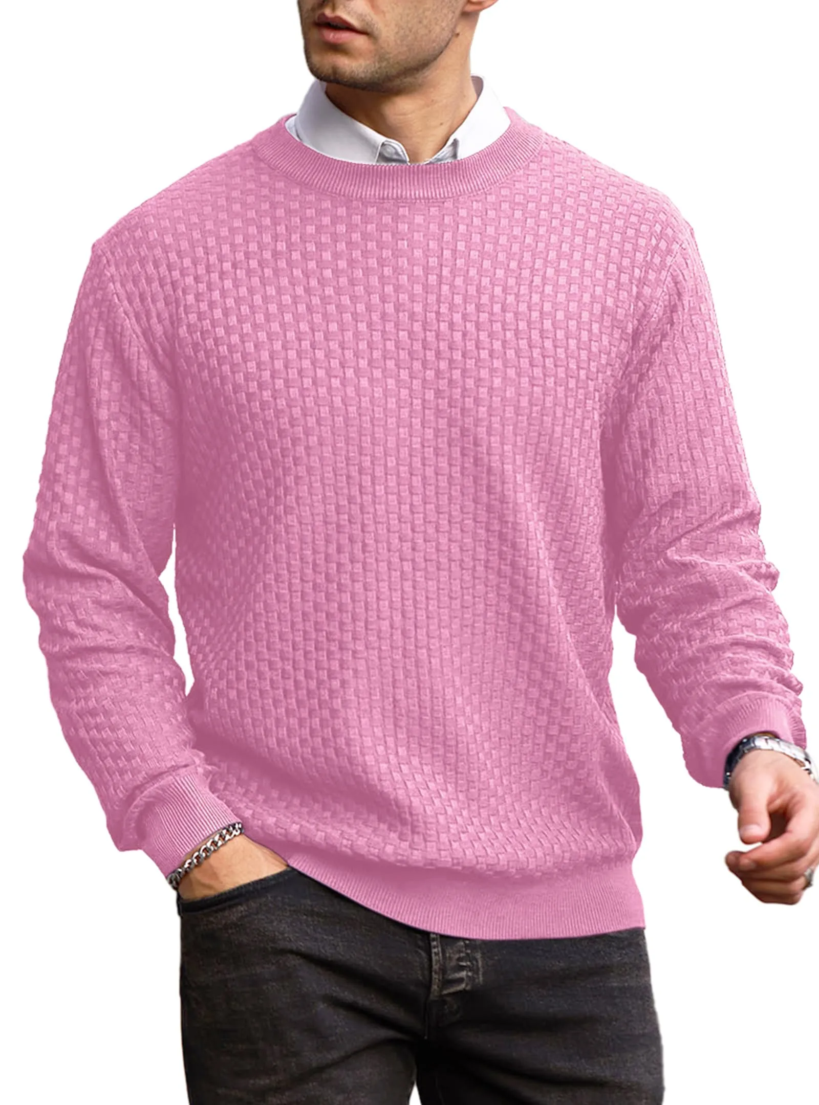 Zaitun Mens Crewneck Sweater Pullover Waffle Knit Casual Patterned Long Sleeve Sweaters