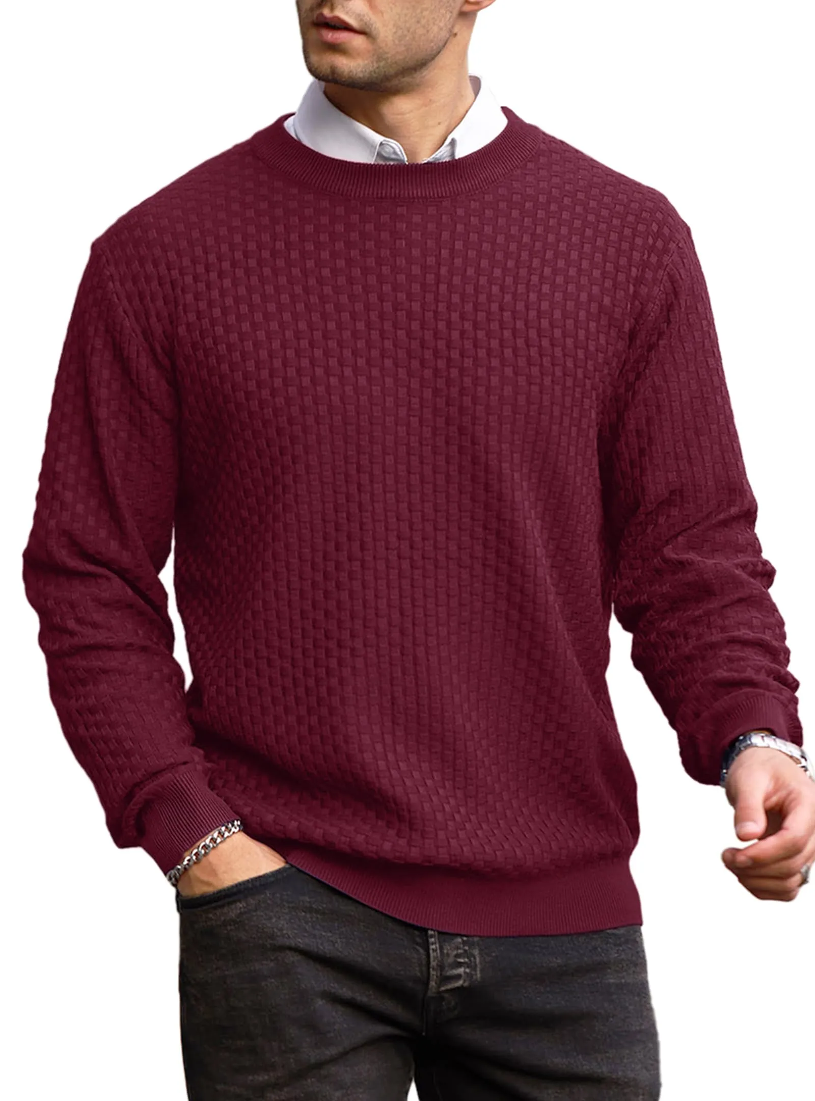 Zaitun Mens Crewneck Sweater Pullover Waffle Knit Casual Patterned Long Sleeve Sweaters