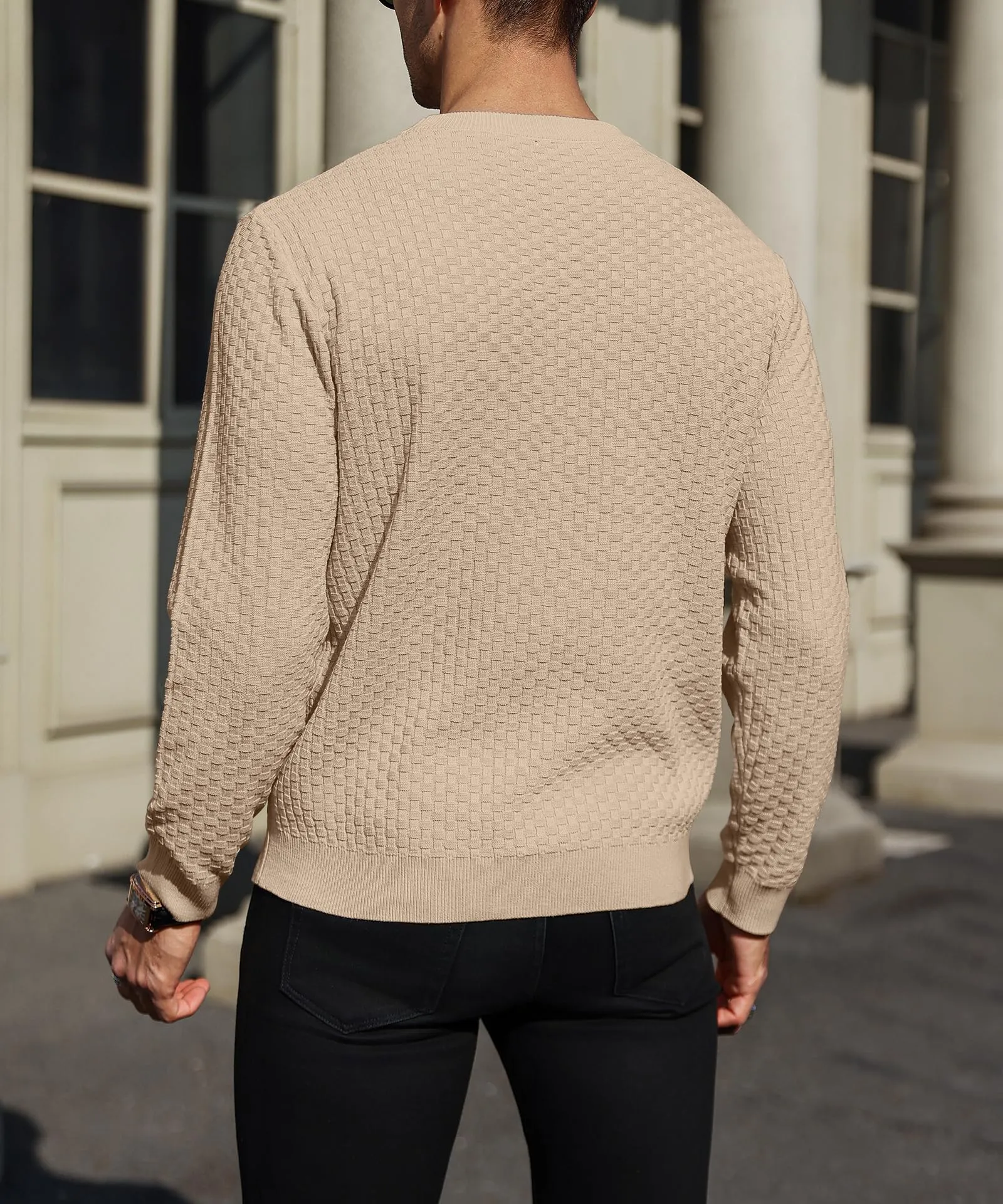 Zaitun Mens Crewneck Sweater Pullover Waffle Knit Casual Patterned Long Sleeve Sweaters