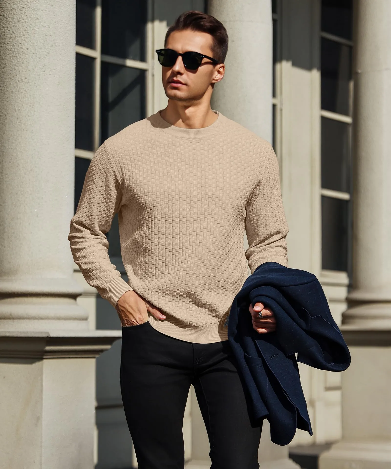Zaitun Mens Crewneck Sweater Pullover Waffle Knit Casual Patterned Long Sleeve Sweaters