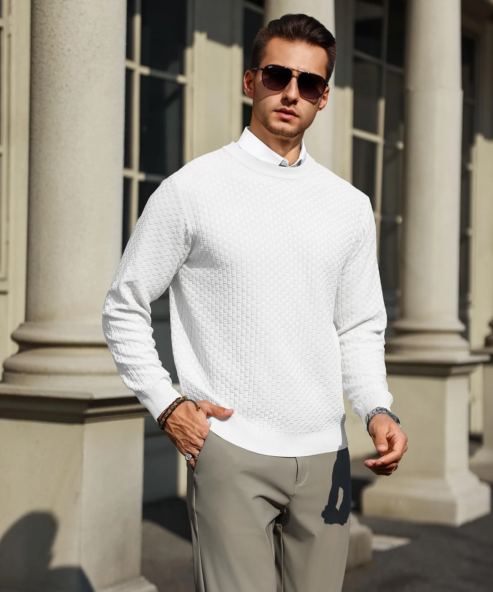 Zaitun Mens Crewneck Sweater Pullover Waffle Knit Casual Patterned Long Sleeve Sweaters