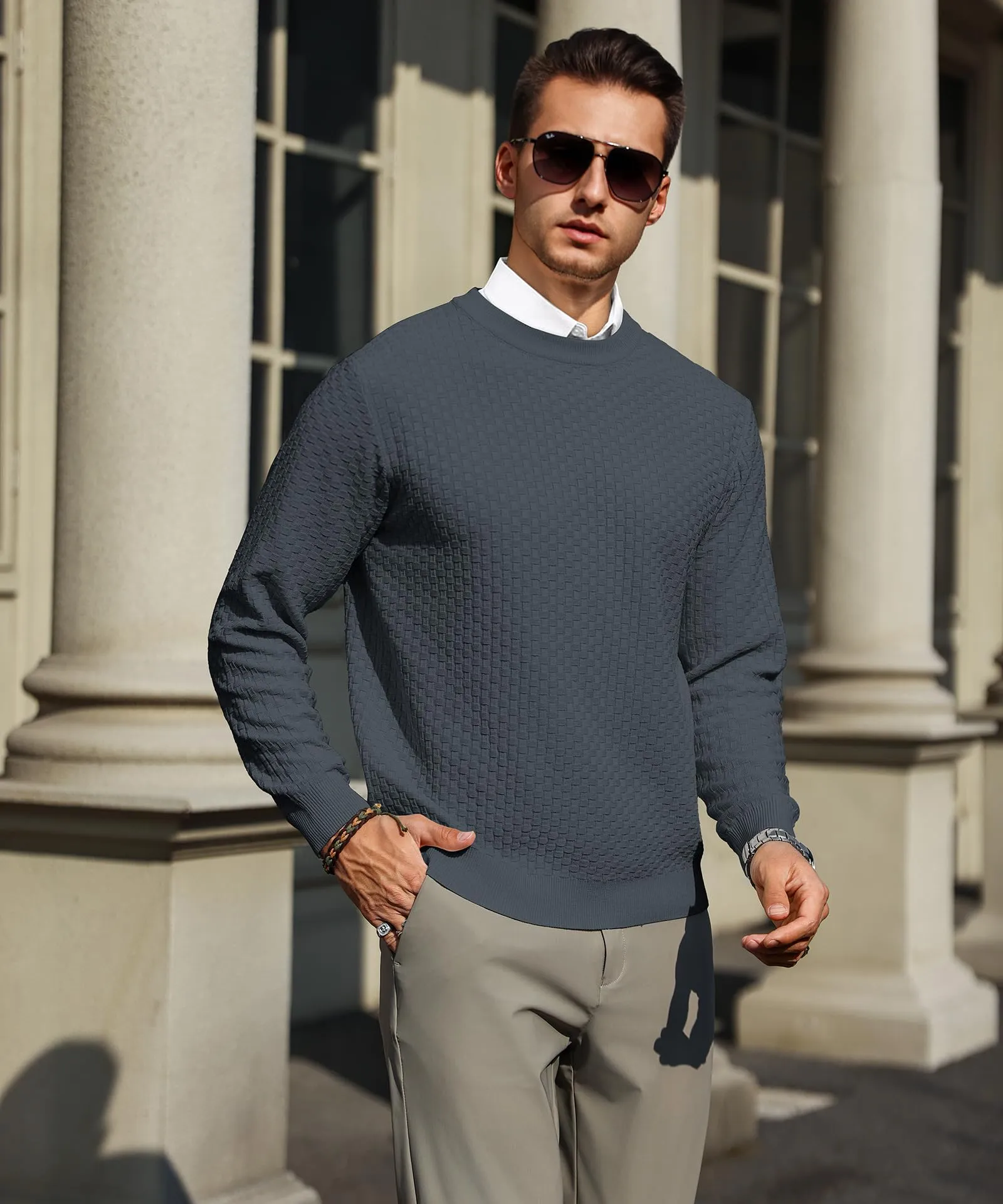 Zaitun Mens Crewneck Sweater Pullover Waffle Knit Casual Patterned Long Sleeve Sweaters