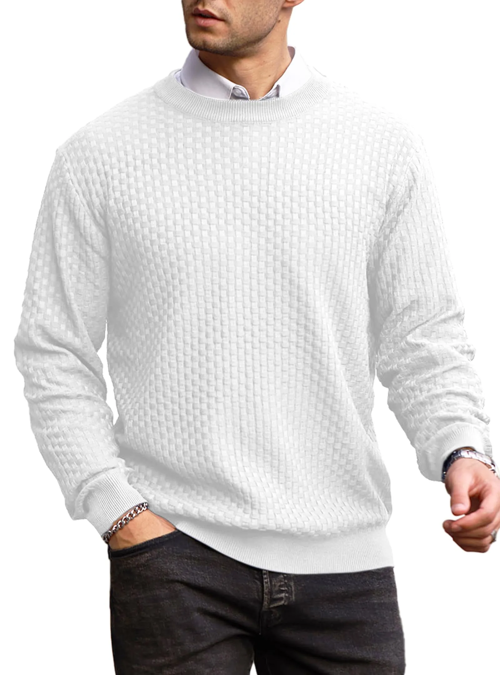 Zaitun Mens Crewneck Sweater Pullover Waffle Knit Casual Patterned Long Sleeve Sweaters