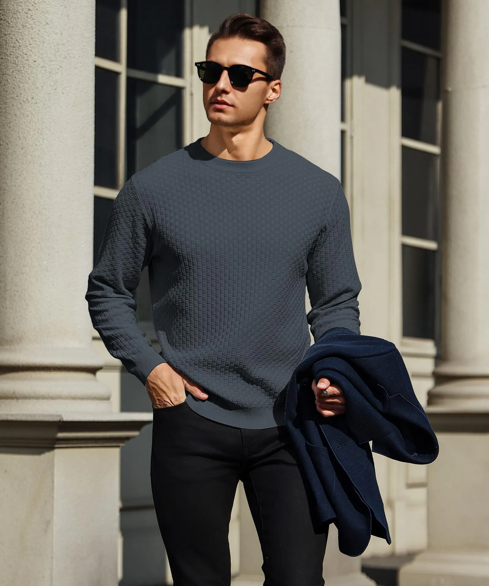 Zaitun Mens Crewneck Sweater Pullover Waffle Knit Casual Patterned Long Sleeve Sweaters